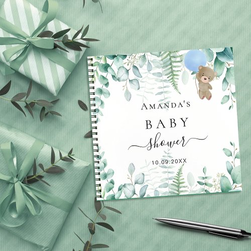 Guest book Baby Shower blue teddy woodland forest