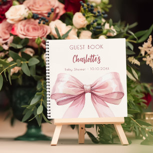 Guest book Baby Shower blush pink bow beige cream