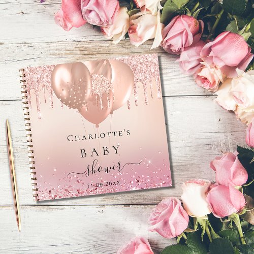 Guest book baby shower blush rose gold glitter 