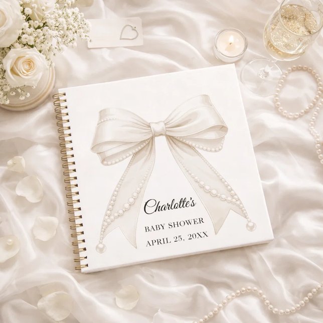 Guest book Baby Shower bow ivory white pearls (Creator Uploaded)