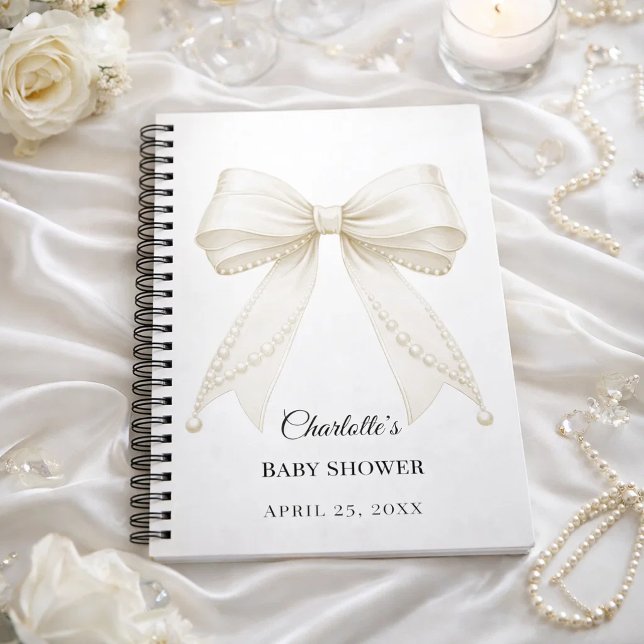 Guest book Baby Shower bow ivory white pearls (Creator Uploaded)