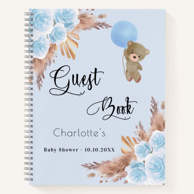 Guest book Baby Shower boy teddy pampas grass (Front)
