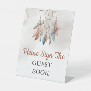 Guest Book Baby Shower Dreamcatcher Boho Pastel Pedestal Sign