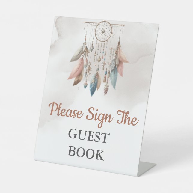 Guest Book Baby Shower Dreamcatcher Boho Pastel  Pedestal Sign (Front)