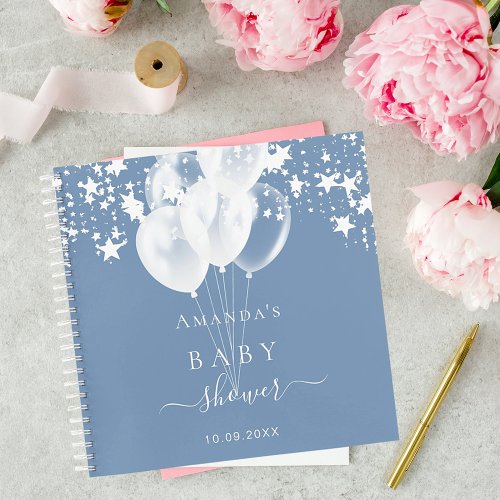 Guest book baby shower dusty blue stars balloons