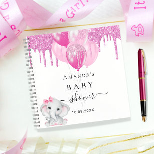 Guest book baby shower elephant girl pink balloons