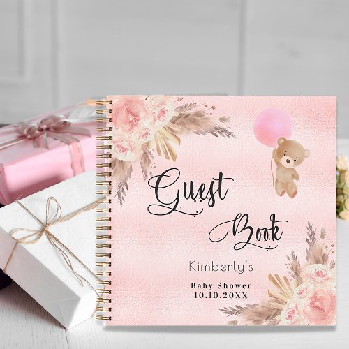 Guest book baby shower girl teddy pampas pink