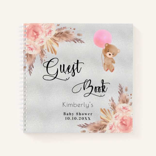 Guest book baby shower girl teddy pampas silver (Front)