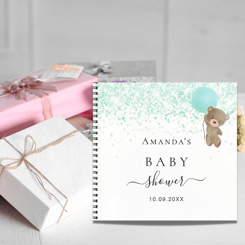 Guest book baby Shower green white teddy bear