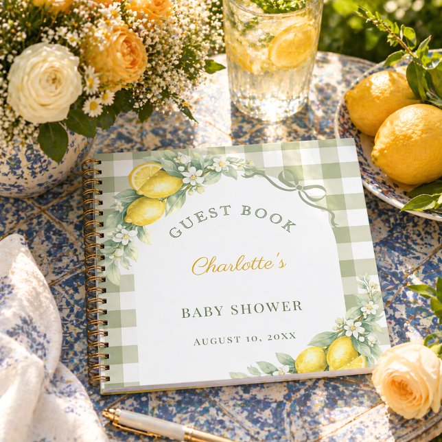 Guest book baby shower lemons gingham sage green (Creator Uploaded)