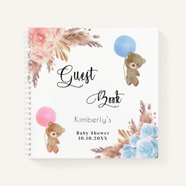 Guest book baby shower pampas teddy gender reveal (Front)