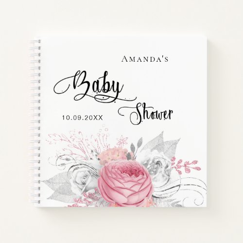 Guest book baby shower pink floral white silver