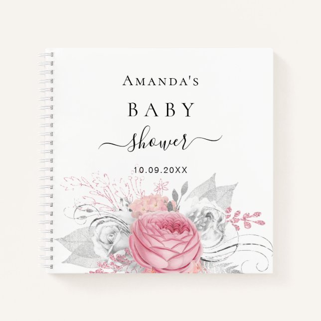 Guest book baby shower pink floral white silver (Front)