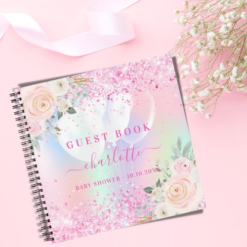 Guest book baby shower pink florals holographic