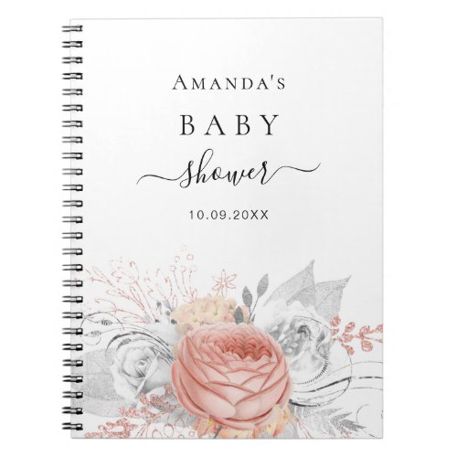 Guest book baby shower rose gold floral silver