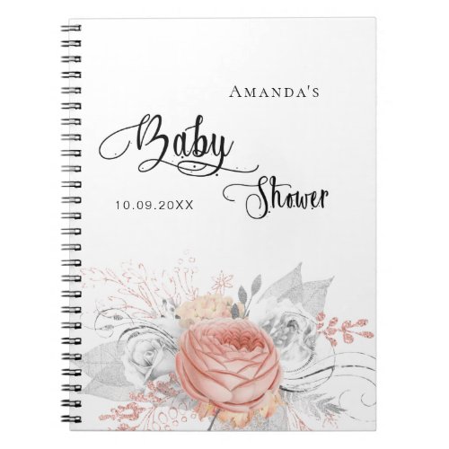 Guest book baby shower rose gold floral silver