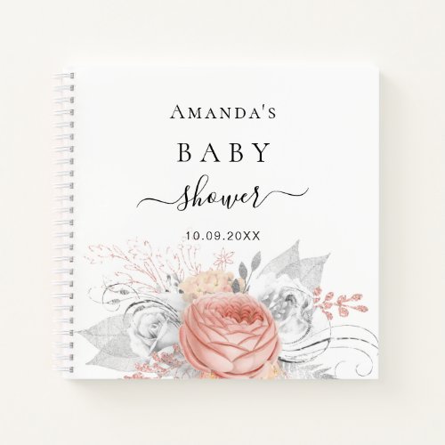 Guest book baby shower rose gold floral silver