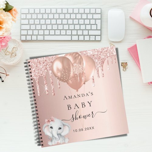 Guest book baby shower rose gold glitter elephant 