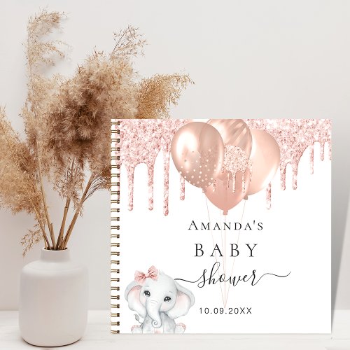 Guest book baby shower rose gold glitter elephant 