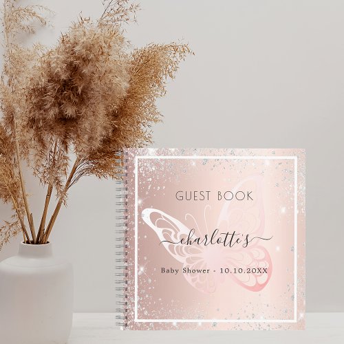 Guest book Baby Shower rose gold silver butterfly