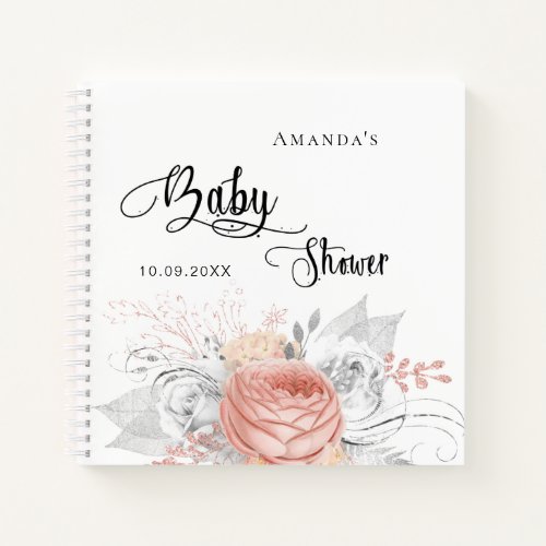 Guest book baby shower rose gold silver flowers