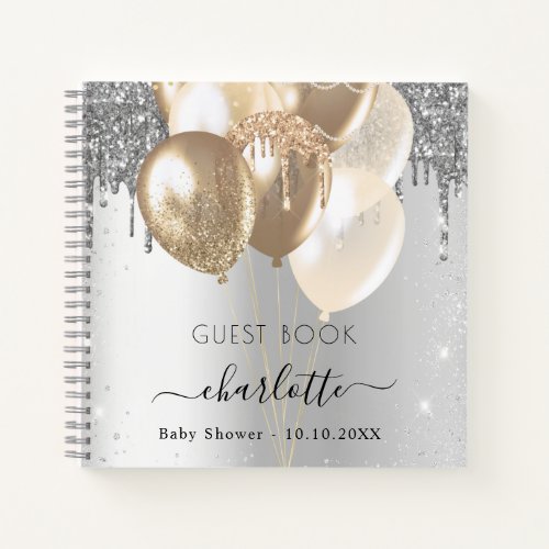 Guest book Baby Shower silver gold balloons