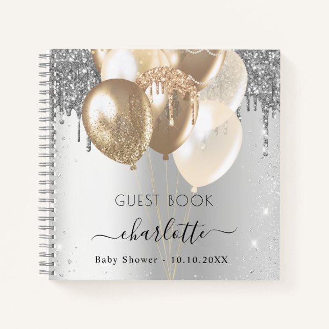 Guest book Baby Shower silver gold balloons (Front)