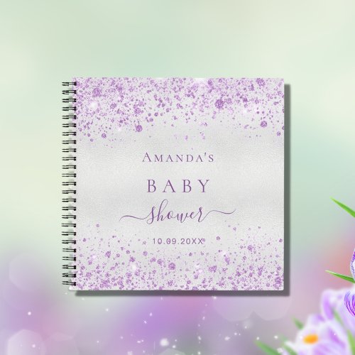 Guest book baby shower silver purple glitter