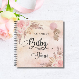 Guest book baby shower teddy pampas grass blush