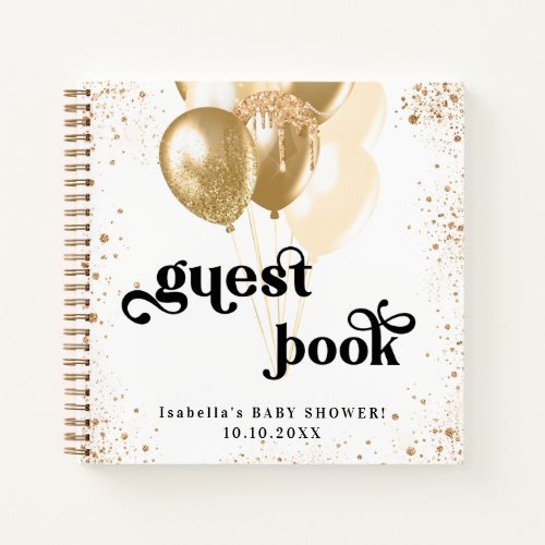 Guest book baby shower white gold balloons name