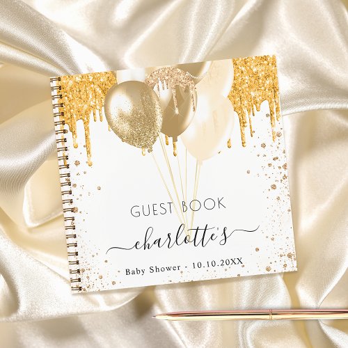 Guest book baby shower white gold glitter balloons