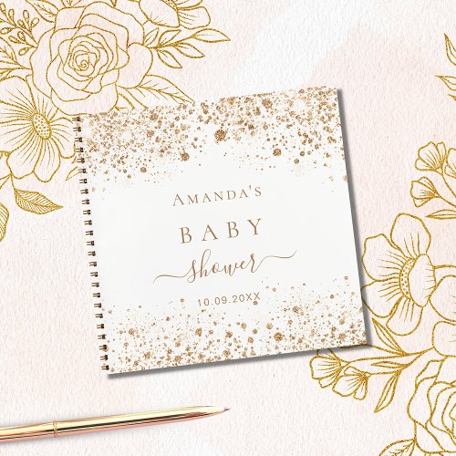Guest book baby shower white gold glitter name