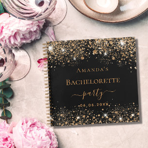 Guest book bachelorette party black gold glitter