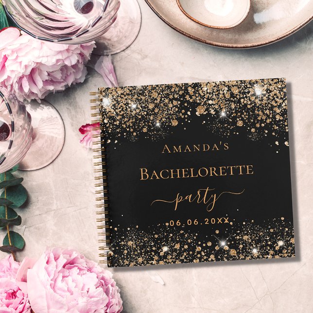 Guest book bachelorette party black gold glitter (Creator Uploaded)