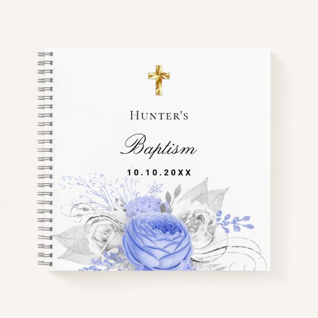 Guest book baptism blue boy florals cross elegant (Front)