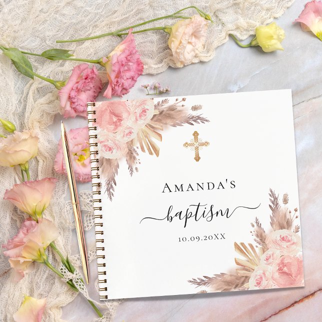 Guest book baptism pampas grass rose blush girl (Creator Uploaded)