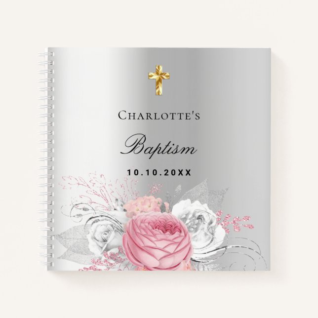 Guest book baptism pink girl florals silver (Front)