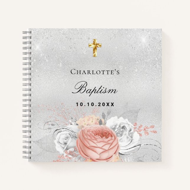 Guest book baptism rose gold florals silver (Front)