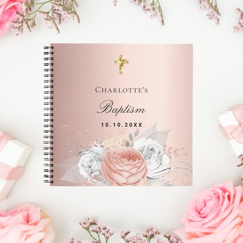 Guest book baptism rose gold silver flowers