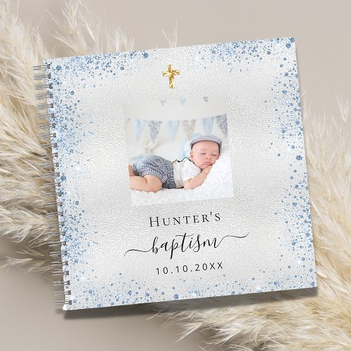 Guest book baptism silver blue boy photo