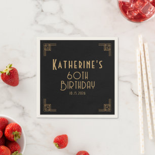 Guest Book Birthday Black Gold Art Deco Napkins