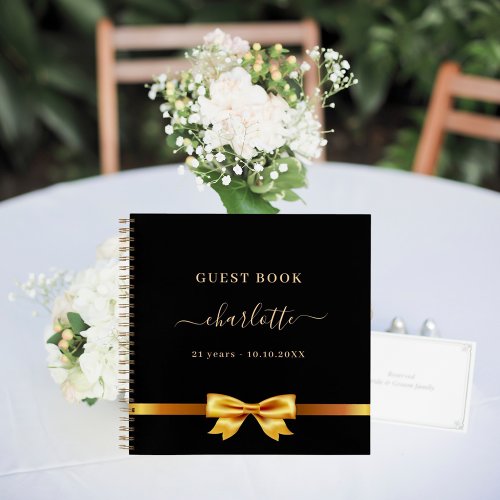 Guest book birthday black gold bow elegant