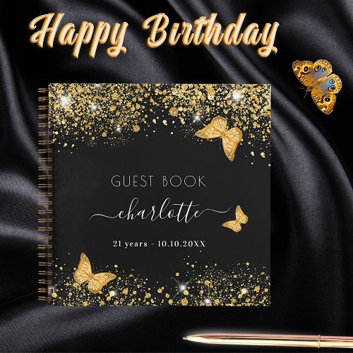 Guest book birthday black gold butterflies glitter