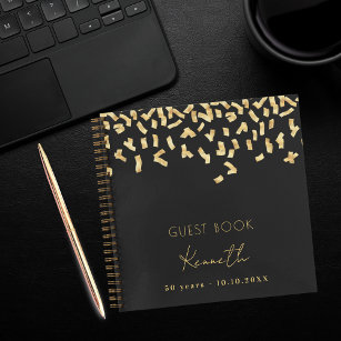 Guest book birthday black gold confetti