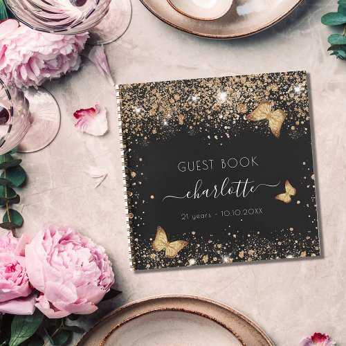 Guest book birthday black gold glitter butterflies