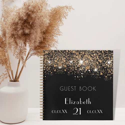 Guest book birthday black gold glitter monogram