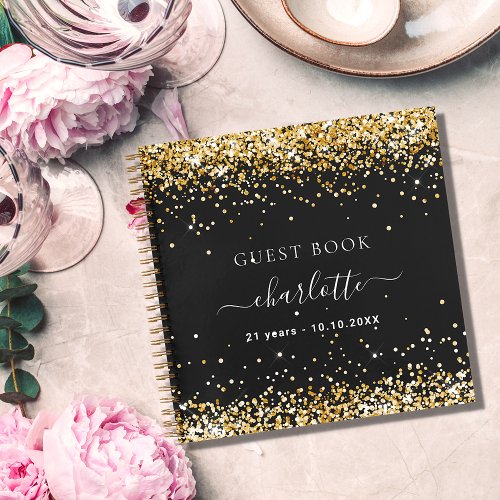 Guest book birthday black gold glitter name