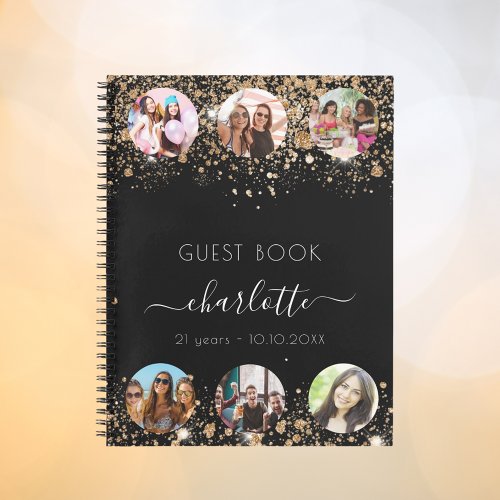 Guest book birthday black gold glitter name photo