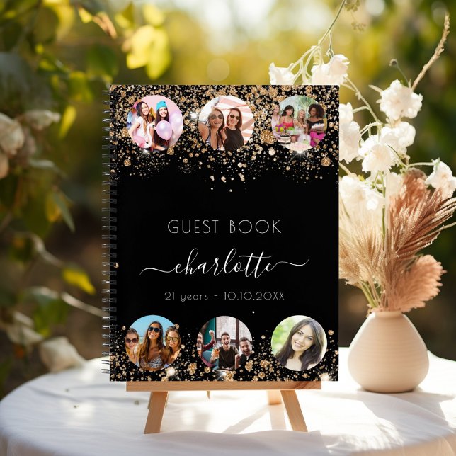 Guest book birthday black gold glitter name photo (Creator Uploaded)