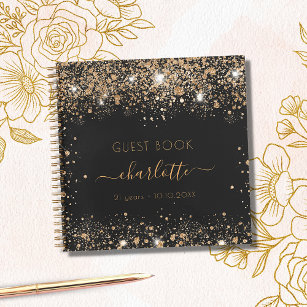Guest book birthday black gold glitter name script